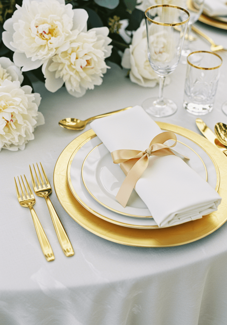 Close-up of elegant place setting with gold-rimmed china and white linen napkin tied with gold ribbon