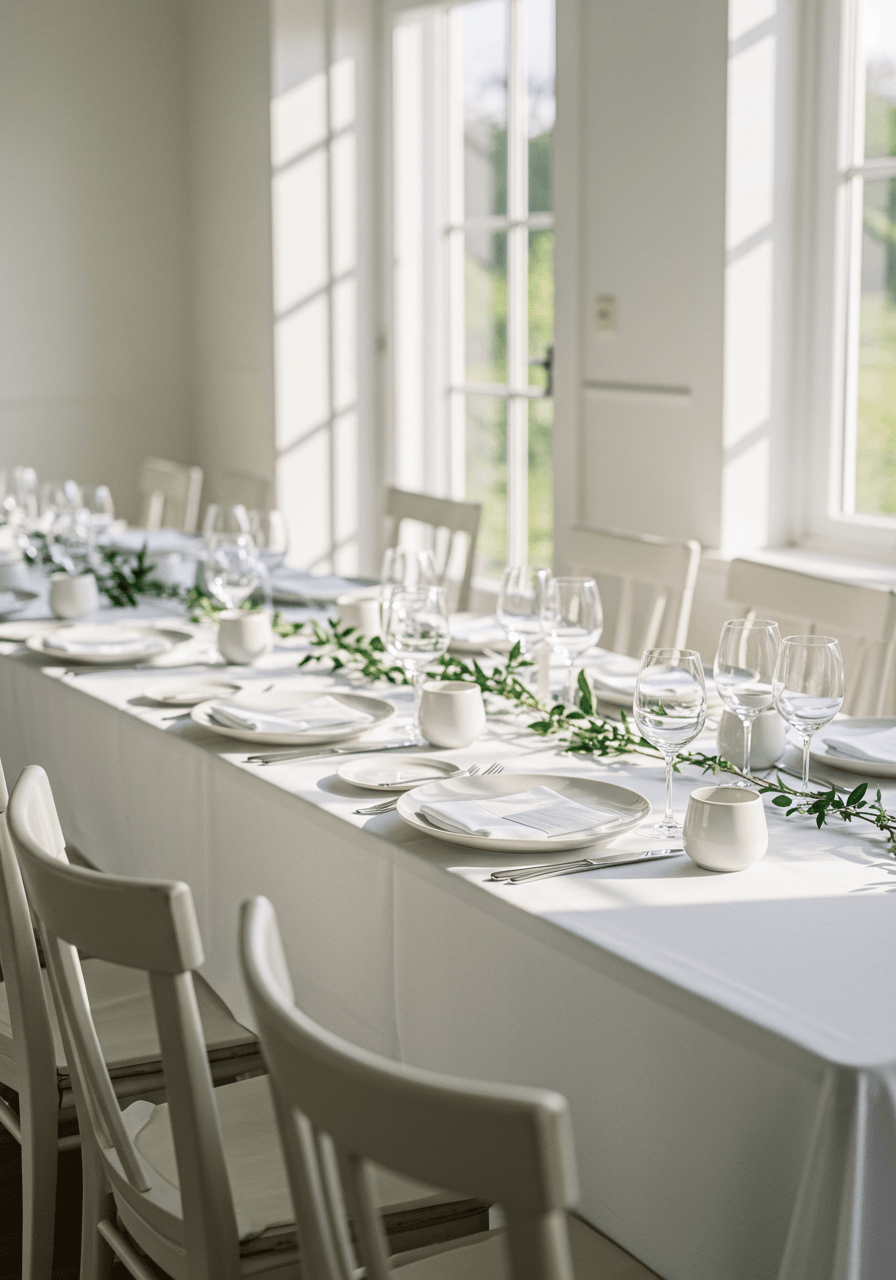 Clean white wedding breakfast table in bright airy dining room with large windows and minimal decor