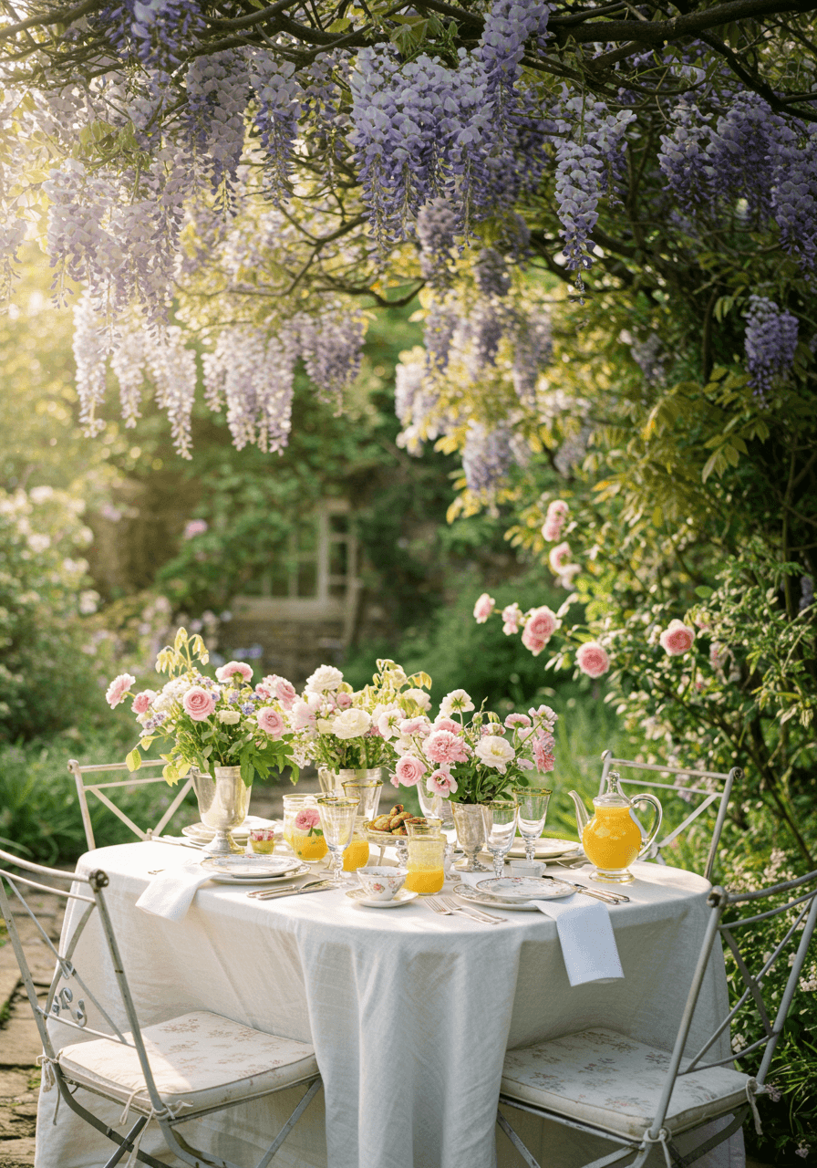 English cottage garden brunch table with cascading wisteria and blooming roses in morning light