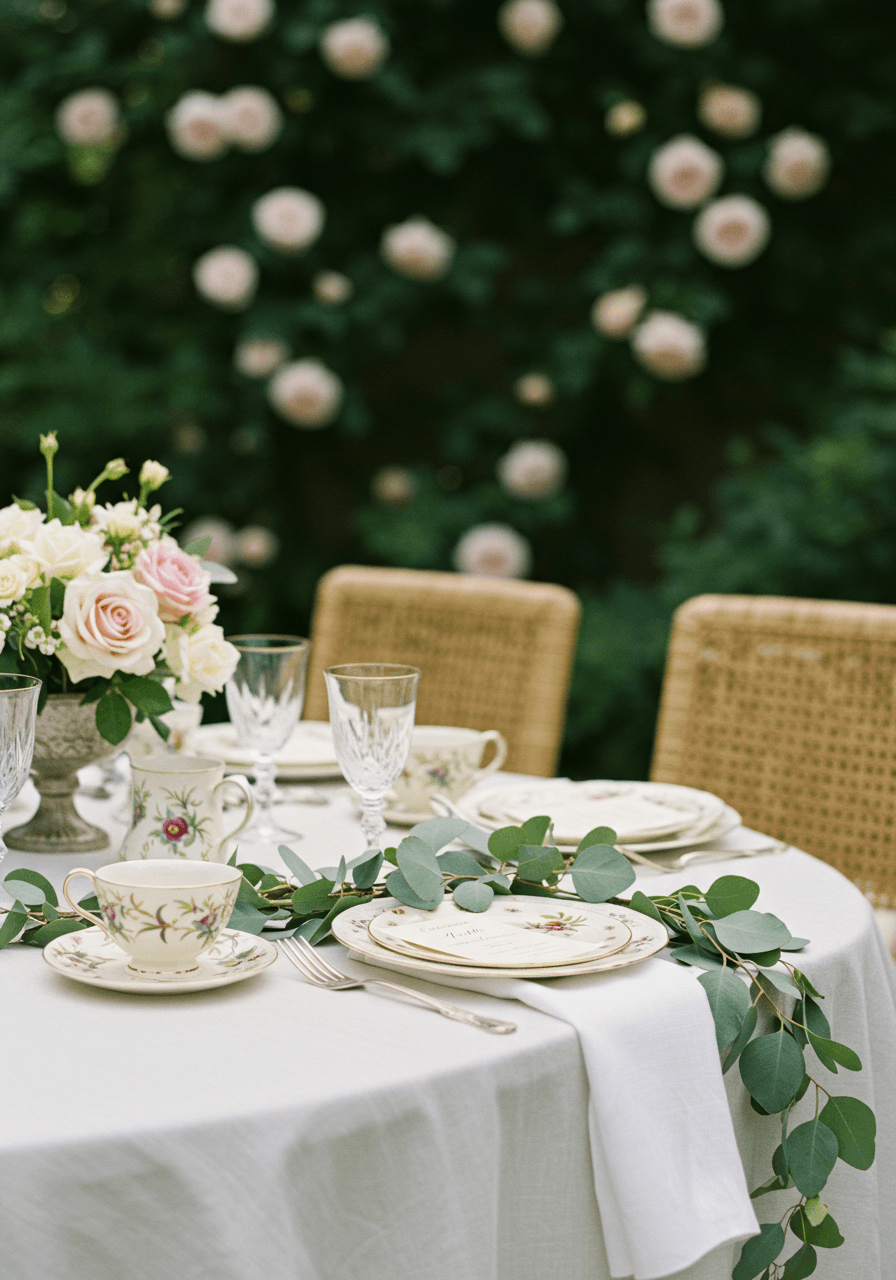 Close-up macro view of wedding table details with climbing roses and morning garden light