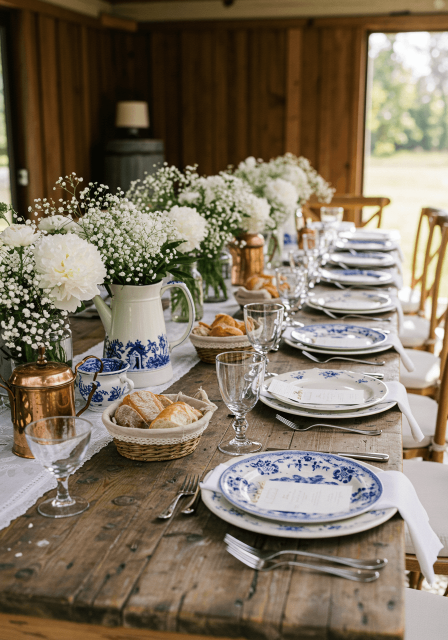 Long farmhouse table set with antique French dinnerware and fresh white flower centerpieces