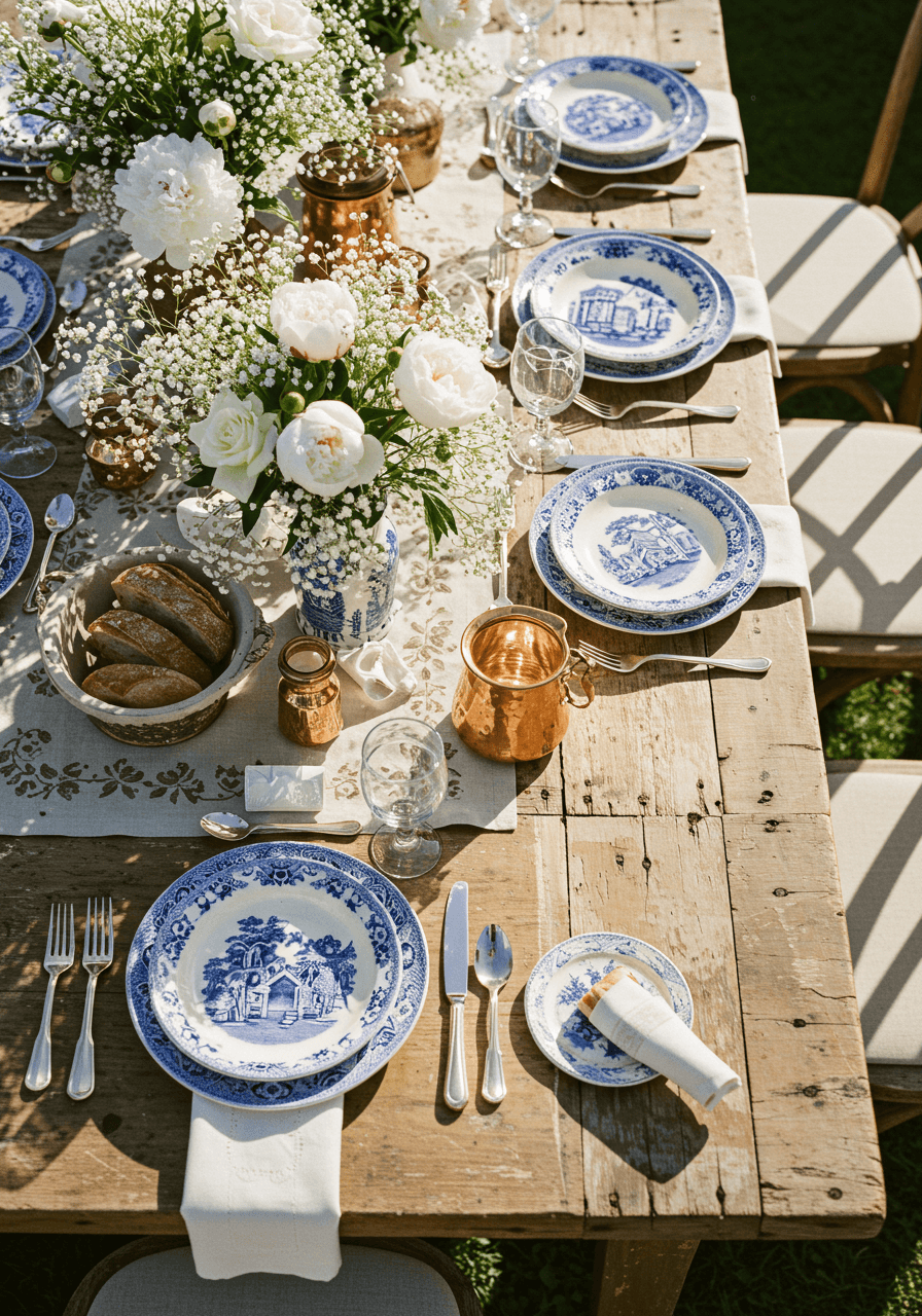 Overhead view of French country wedding tablescape with vintage blue and white porcelain on farmhouse table