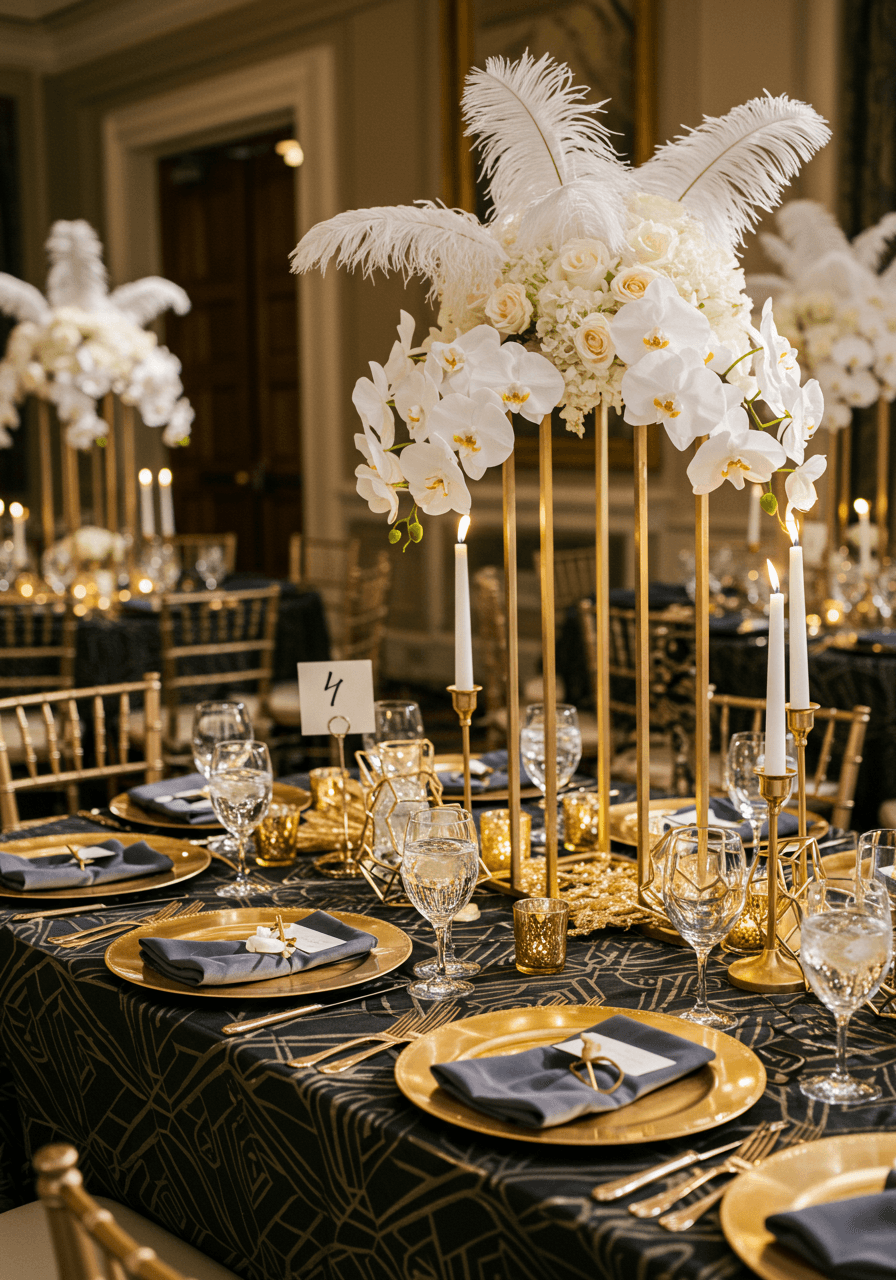 Glamorous Art Deco wedding breakfast table with gold geometric chargers and metallic centerpieces in ballroom