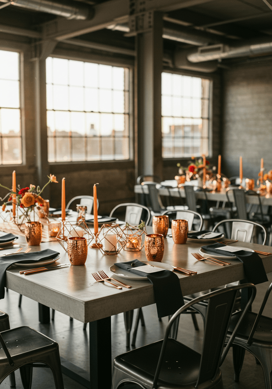 Wide view of industrial chic wedding table with copper details and steel architectural elements