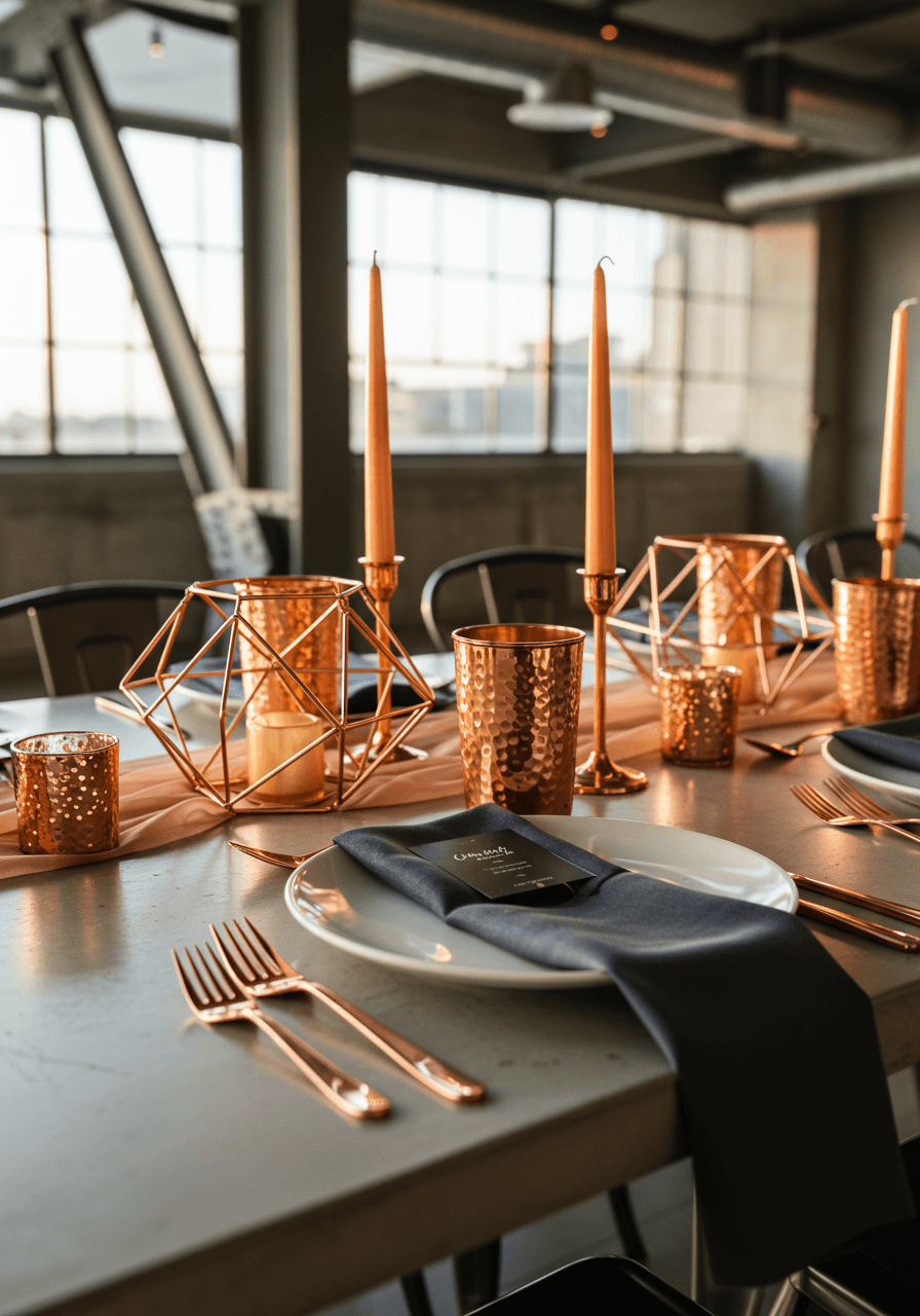 Modern loft wedding breakfast table with copper accents on concrete floors and steel beam ceiling
