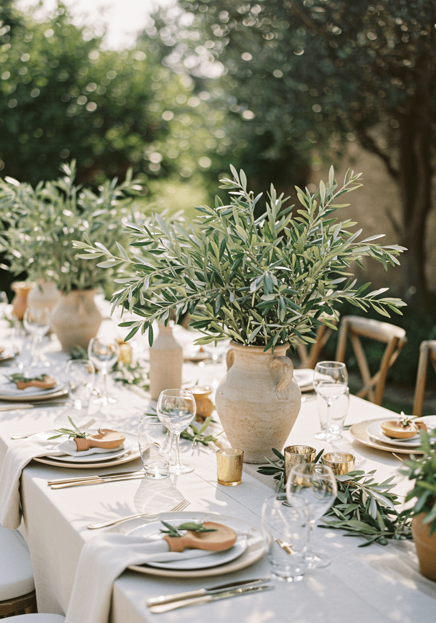 Mediterranean wedding breakfast table with olive branch centerpieces in ceramic vessels and terracotta accents
