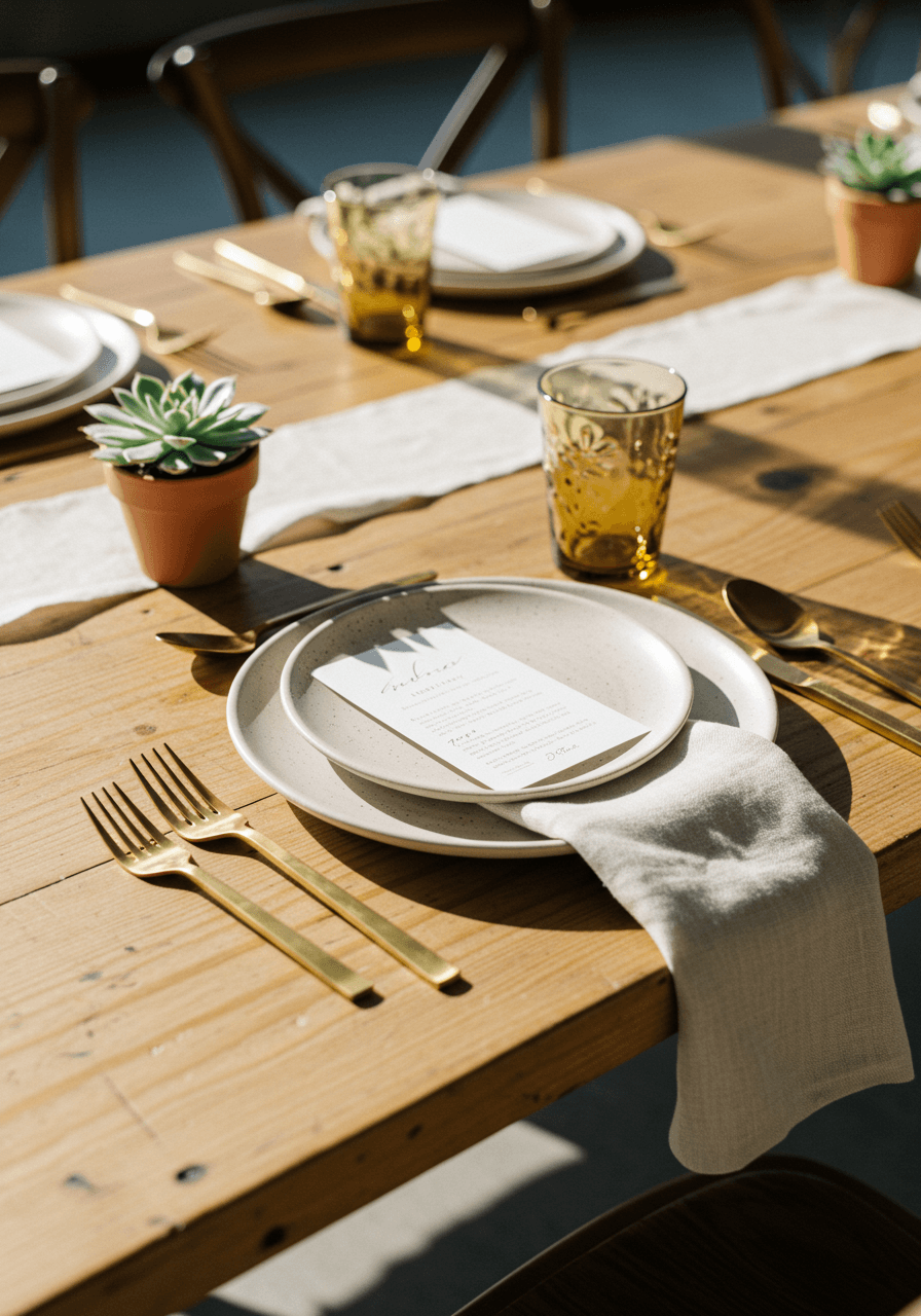 Minimalist wedding place setting with neutral pottery and succulent on natural wood table in industrial loft