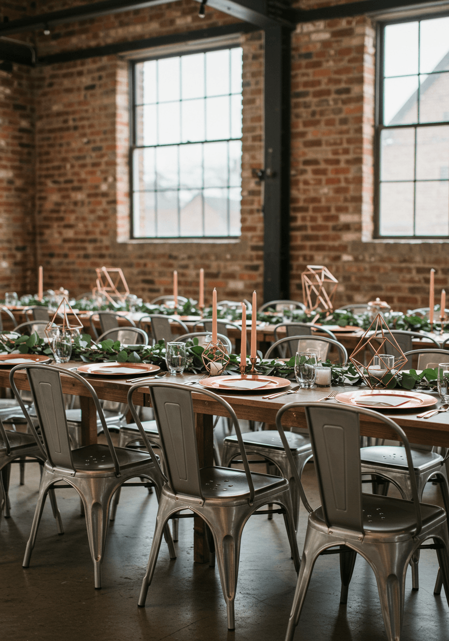Industrial wedding breakfast table with copper chargers and eucalyptus in converted warehouse with exposed brick