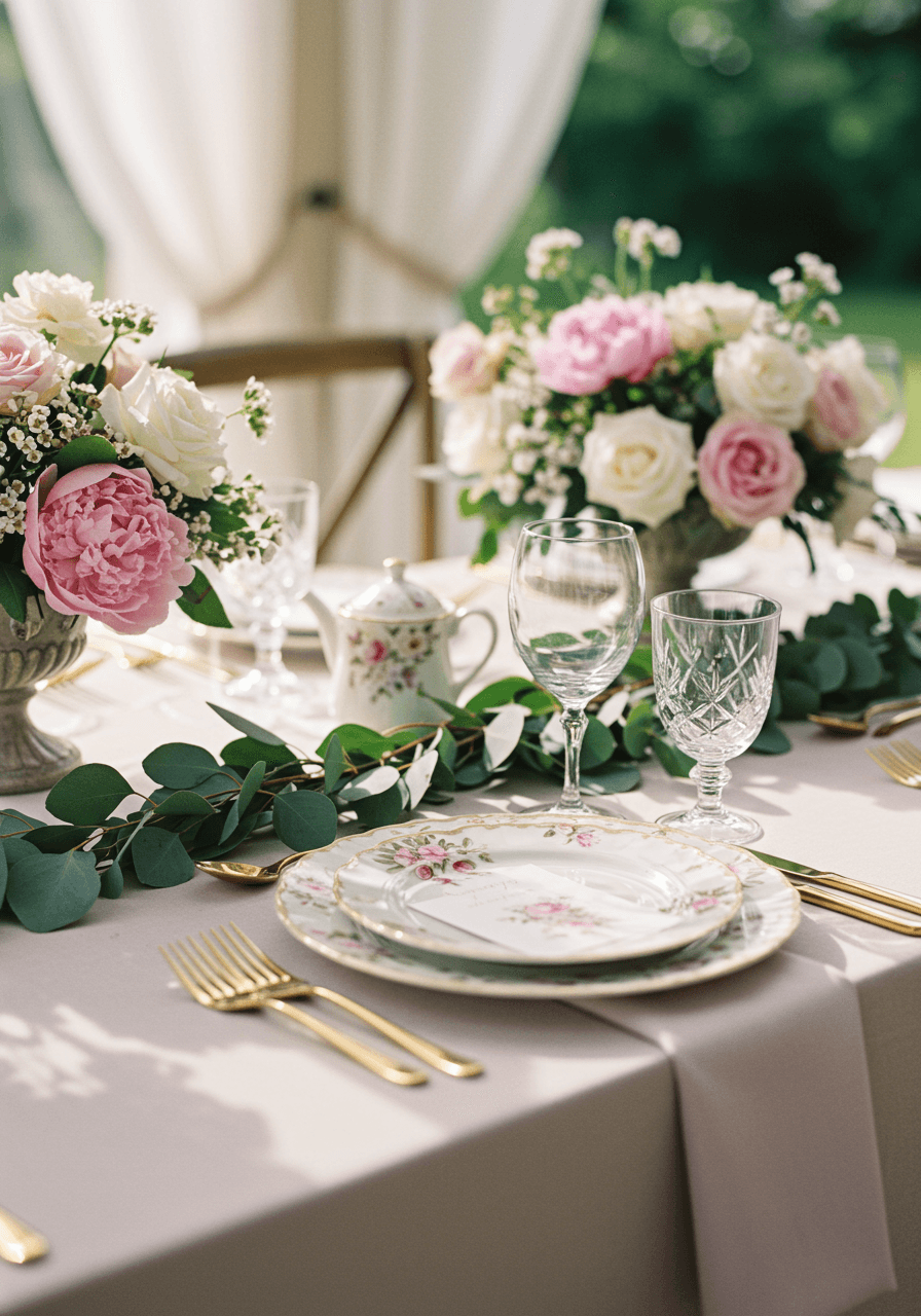 Elegant garden pavilion breakfast table with pastel florals and sheer curtains in golden morning light