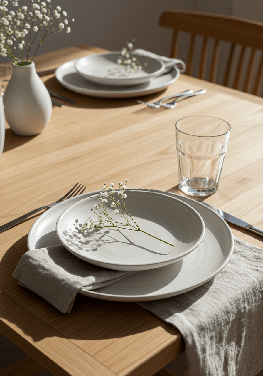 Minimalist place setting with white ceramic plates and linen napkin on light birch wood table
