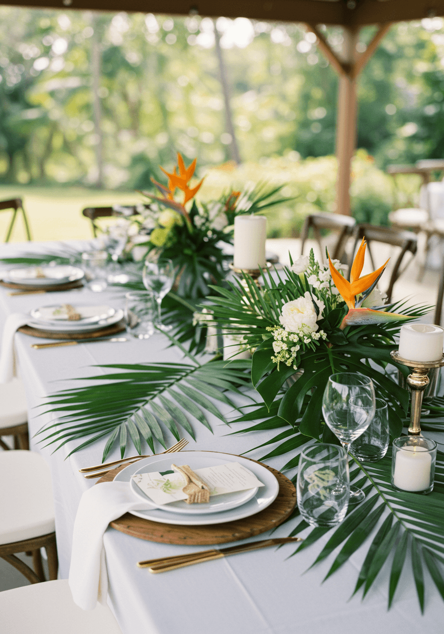 Tropical wedding breakfast table with large palm leaf centerpieces and gold accents in garden pavilion