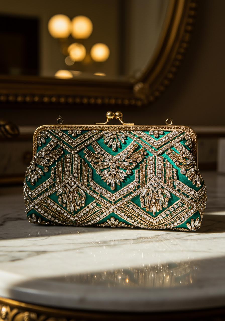 Art Deco inspired clutch with geometric crystal patterns and vintage gold frame