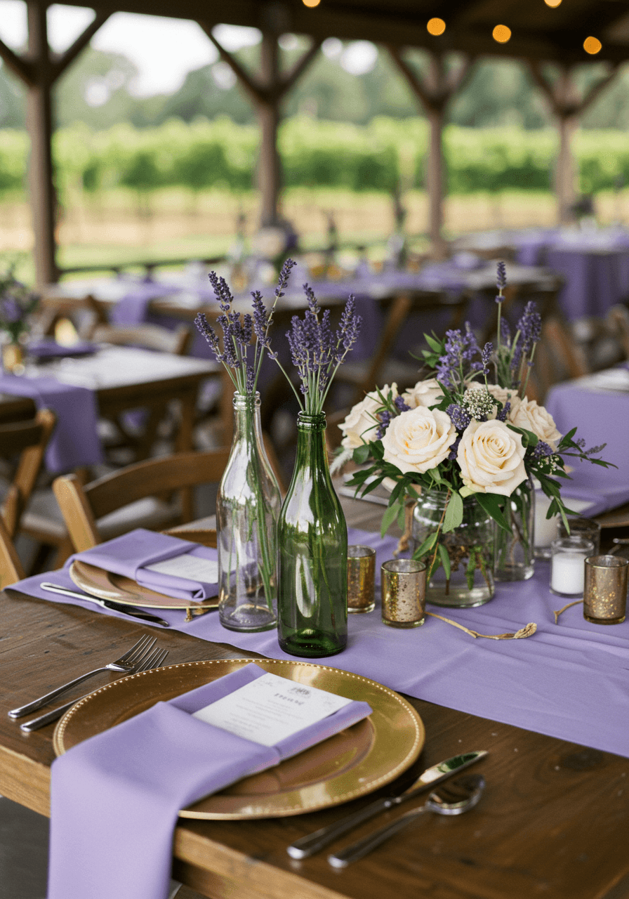 Elegant vineyard wedding tablescape with lavender linens and champagne gold charger plates in rustic pavilion