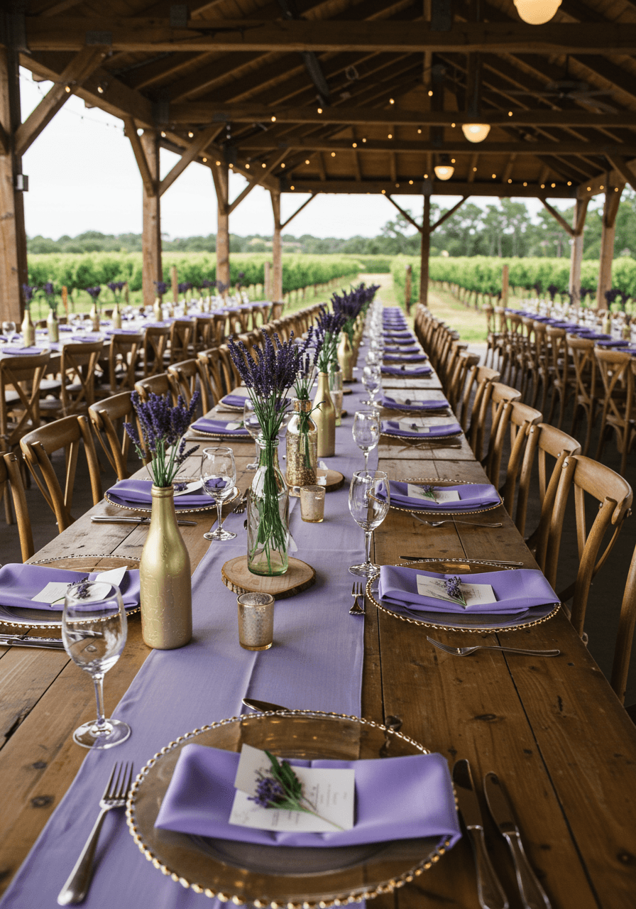 Wide angle view of lavender and champagne wedding tables in romantic vineyard setting
