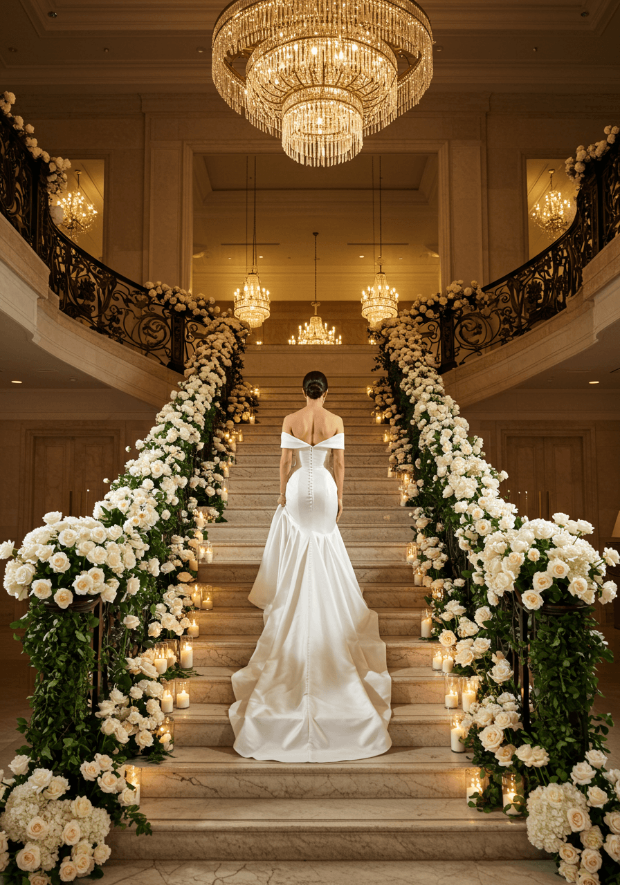 Elegant bride in off-shoulder white gown descending grand marble staircase adorned with cascading white roses during golden hour