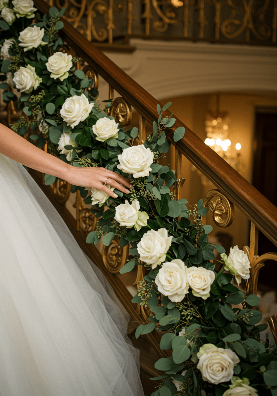 Close-up of bride's hand touching white roses cascading along ornate curved staircase banister