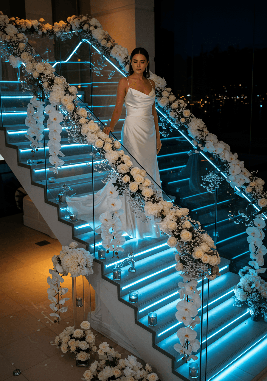 Bride walking down contemporary staircase adorned with cascading white orchids and roses during twilight