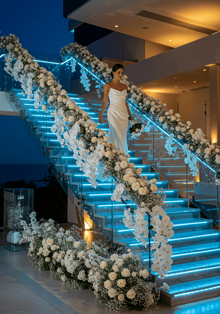 Bride in flowing silk gown descending modern staircase with white orchids and roses under cool LED lighting