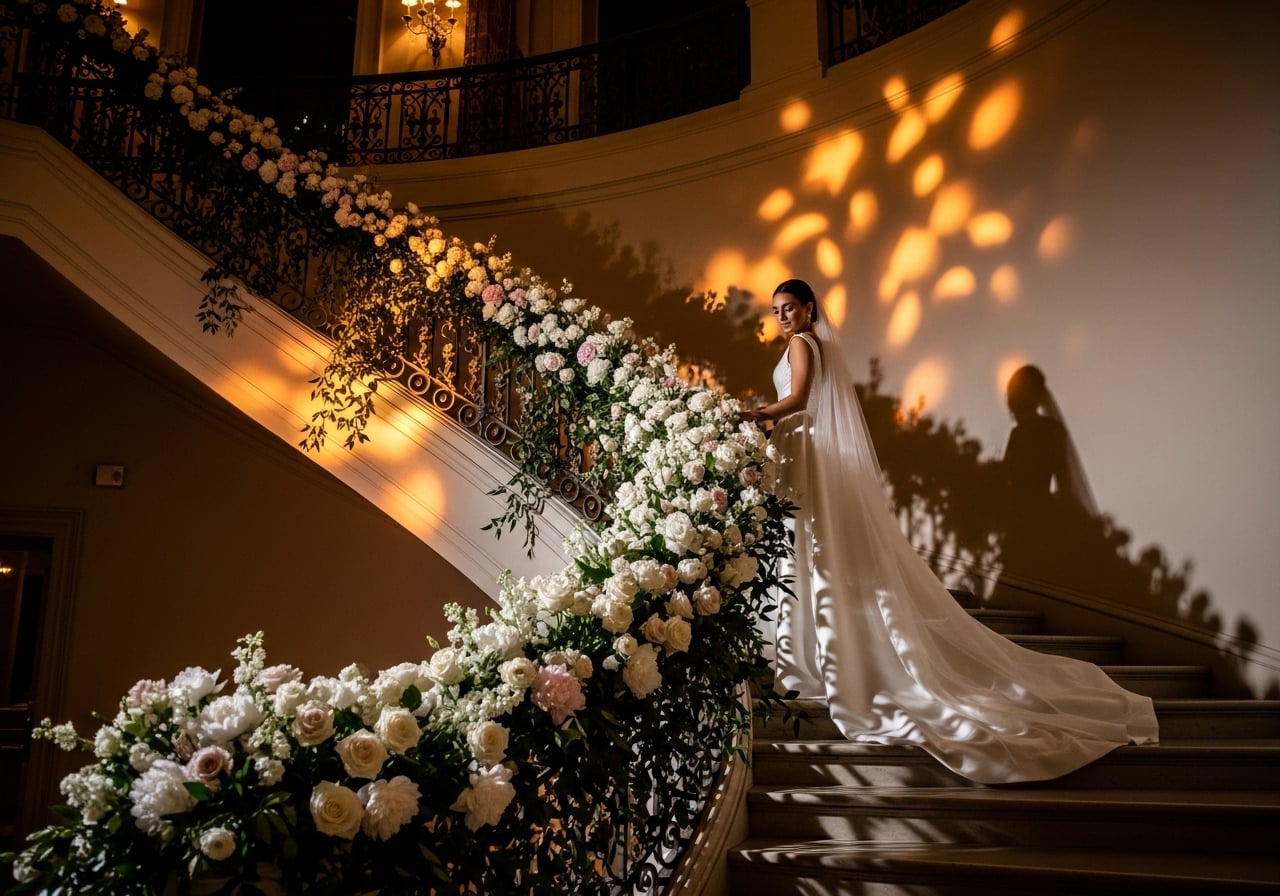 Featured image for 15 Wedding Staircase Entrances with Floral Installations and Dramatic Lighting