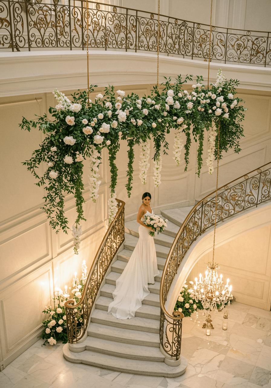 Elegant bride pausing under suspended floral arch of white roses, peonies, and greenery above marble staircase