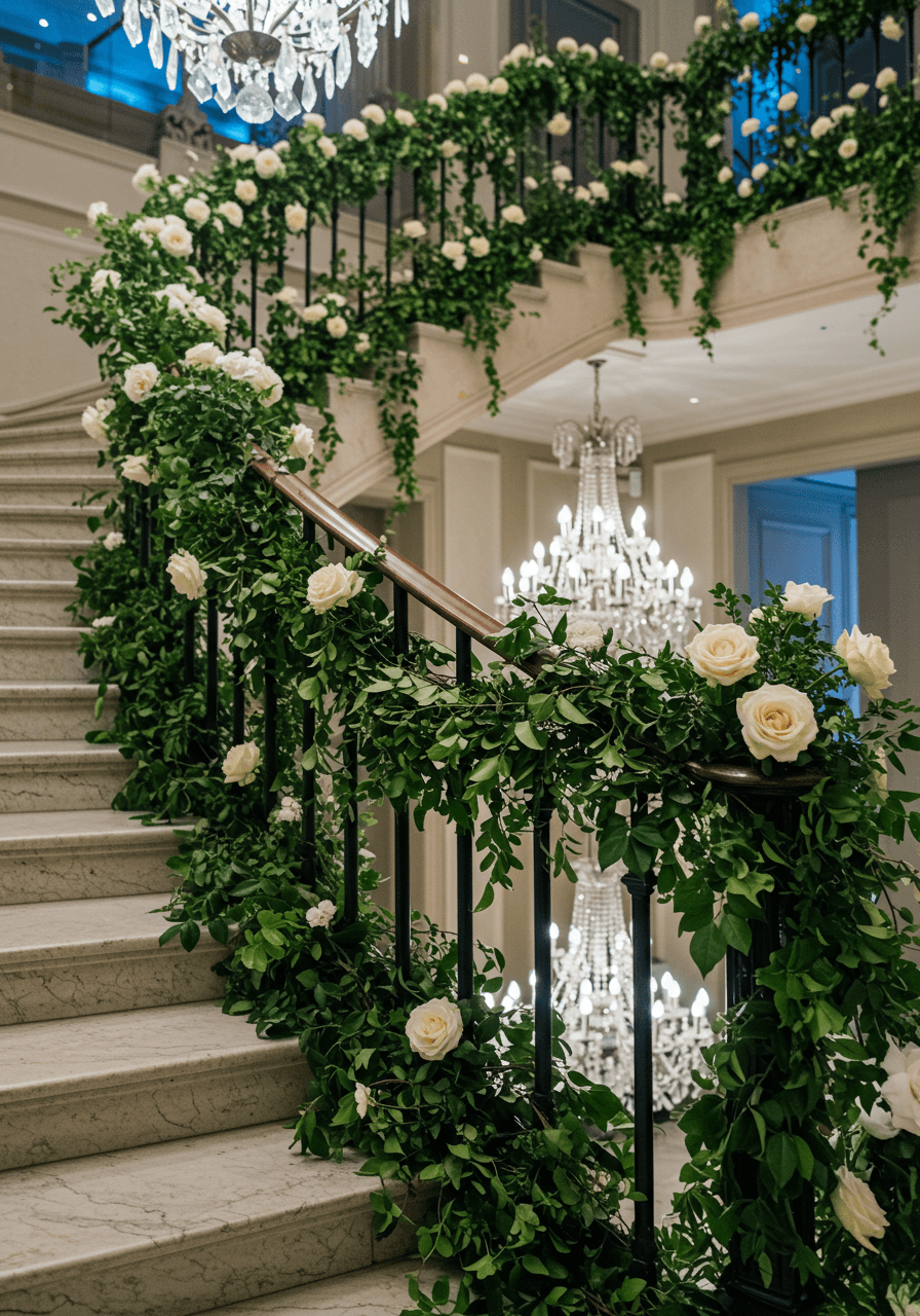 Sweeping view of grand staircase with cascading ivy installations under magical moonlight-effect lighting