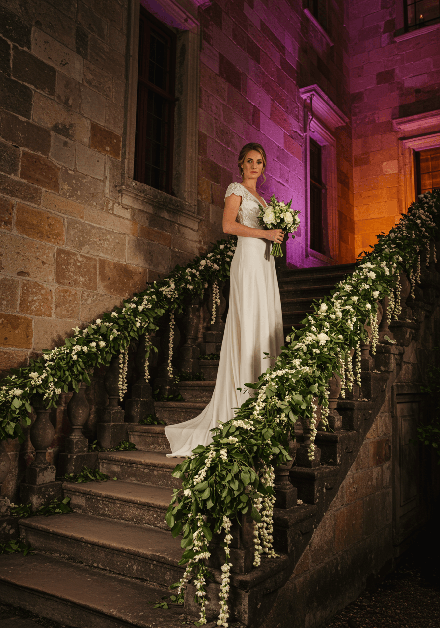 Bride pausing on historic stone staircase with smilax and jasmine under atmospheric twilight lighting