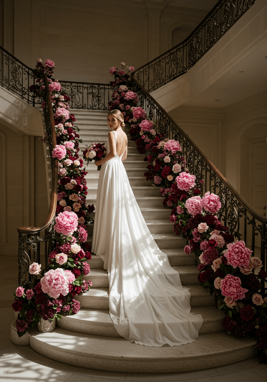 Wide view of bride on grand staircase with oversized floral arrangements creating striking shadow patterns