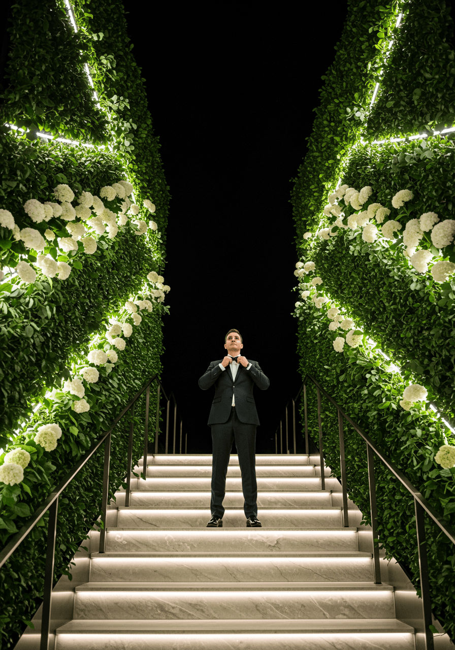 Wide view of groom on marble staircase flanked by magnificent vertical gardens with integrated lighting strips