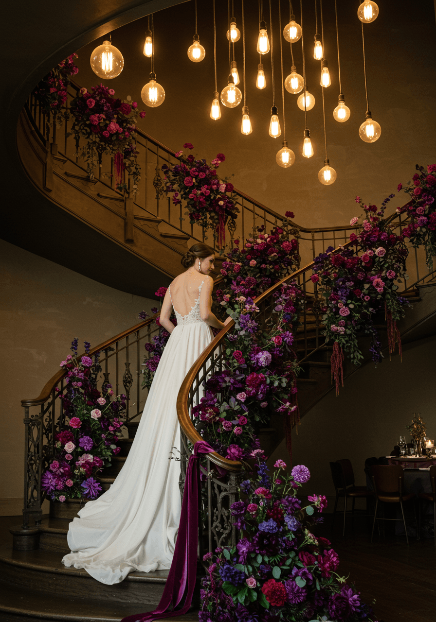 Elegant bride on grand staircase with cascading jewel-toned flowers illuminated by vintage Edison bulbs