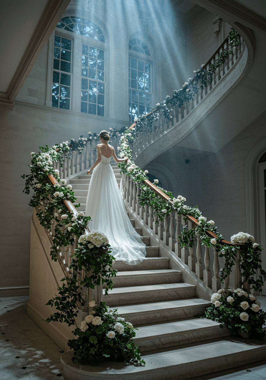 Elegant bride on marble staircase surrounded by trailing ivy and white flowers under cool moonlight effect