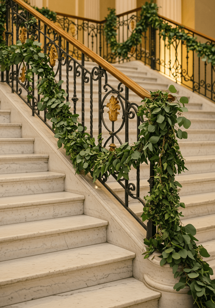 Close-up detail of eucalyptus and ivy garlands with dramatic golden lighting on ornate wrought iron railings