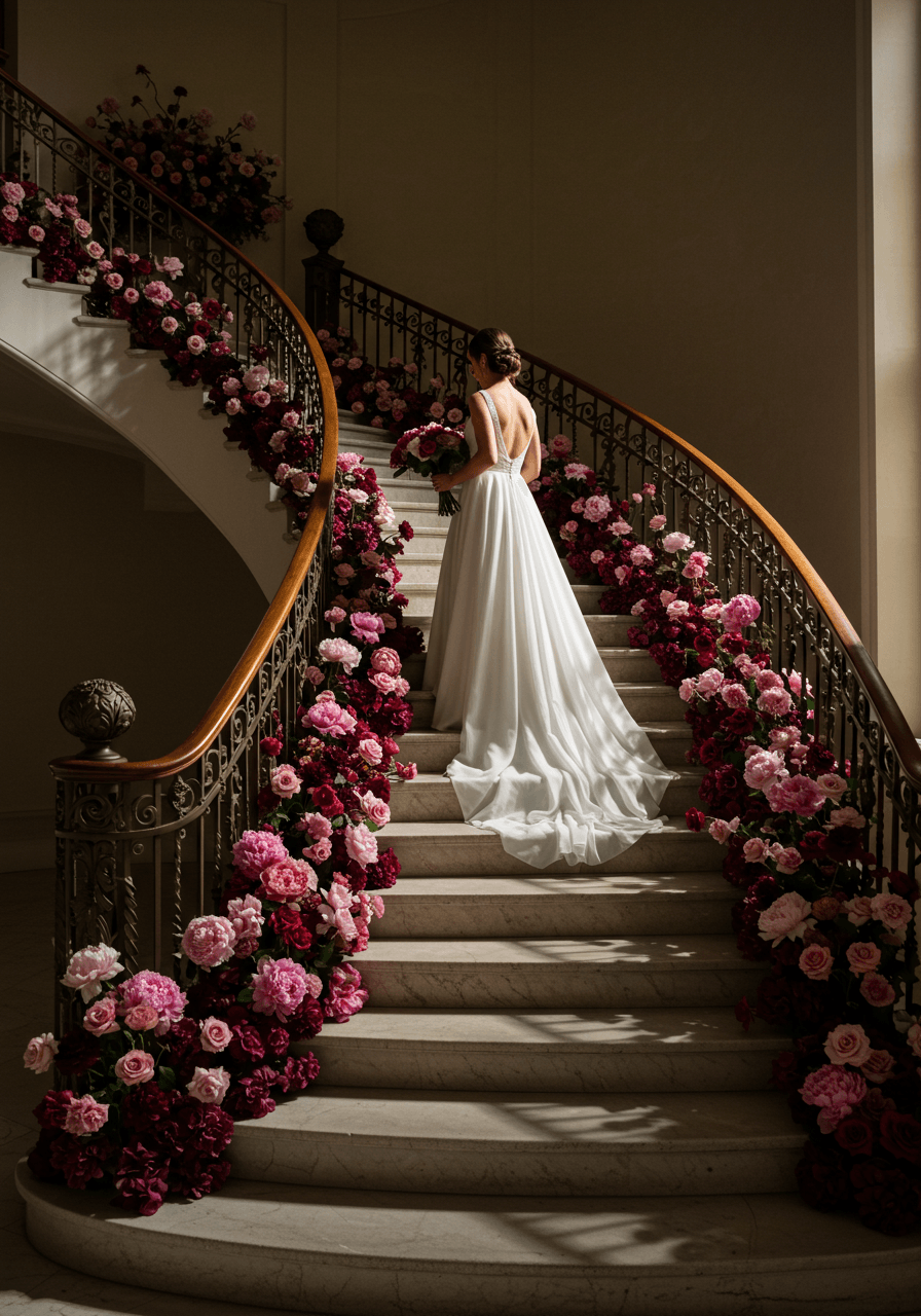 Bride in elegant gown ascending curved staircase with massive peonies and roses casting dramatic shadows