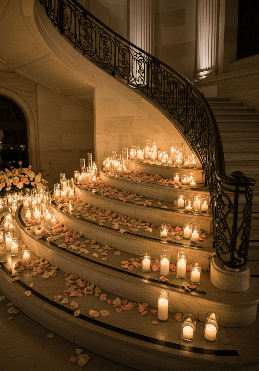Sweeping curved staircase adorned with cascading rose petals and hundreds of candles in glass votives creating luminous pathway