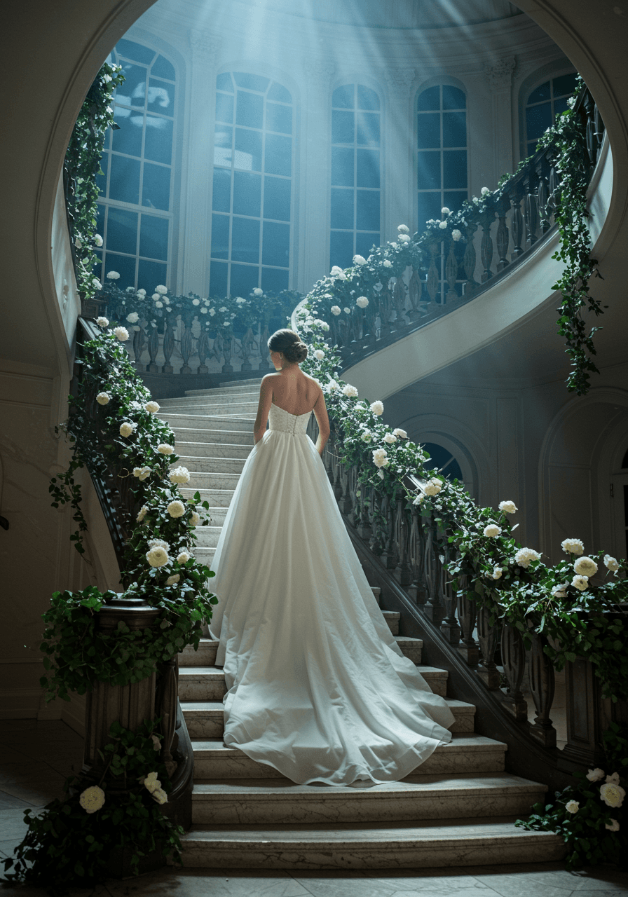 Bride in flowing gown ascending curved staircase with cascading ivy under ethereal moonlight through tall windows