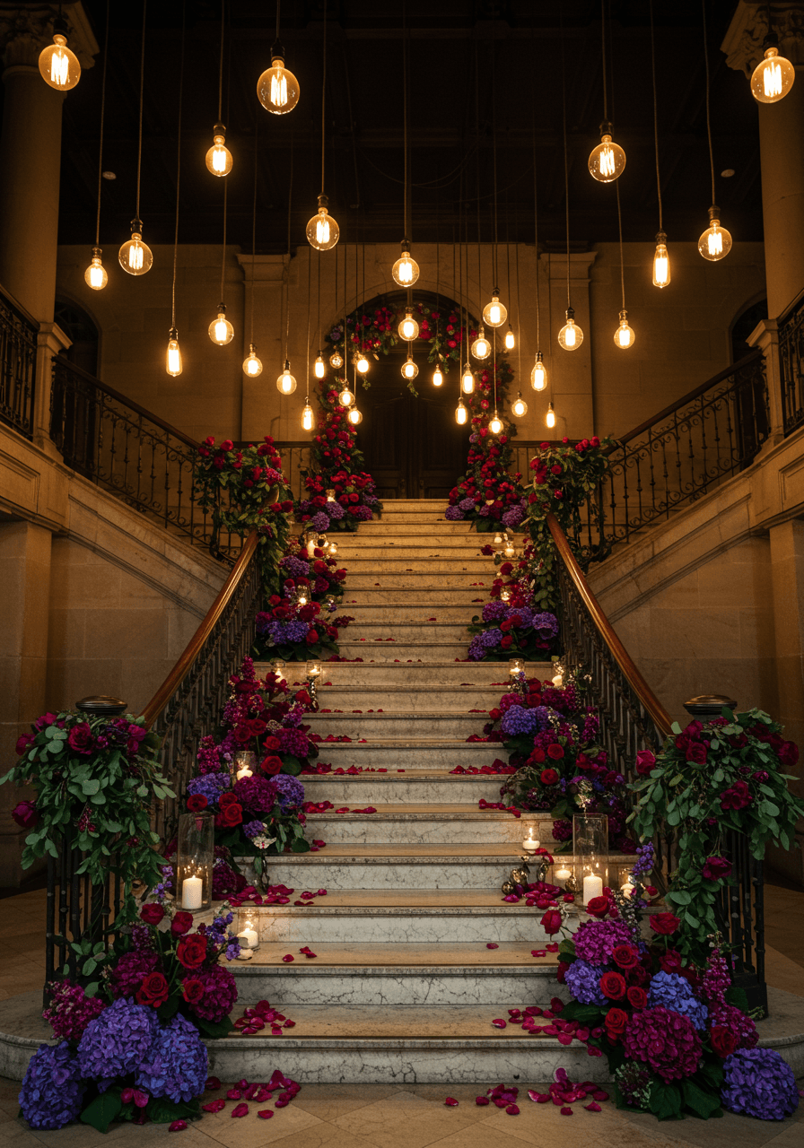 Close-up of bride with deep jewel-toned floral arrangements under warm Edison bulb lighting