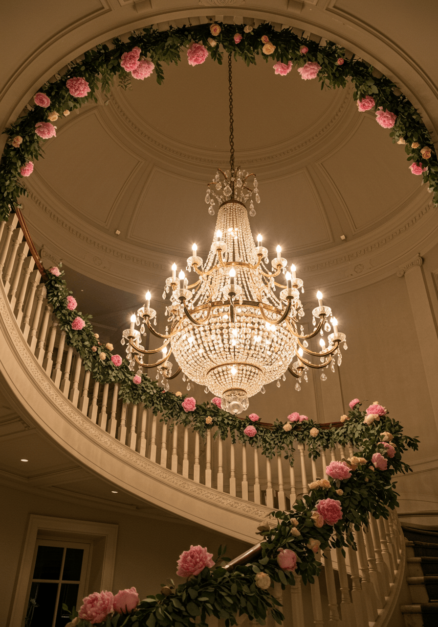 Wide view of crystal chandelier and curved marble staircase with blush pink peony arrangements during twilight