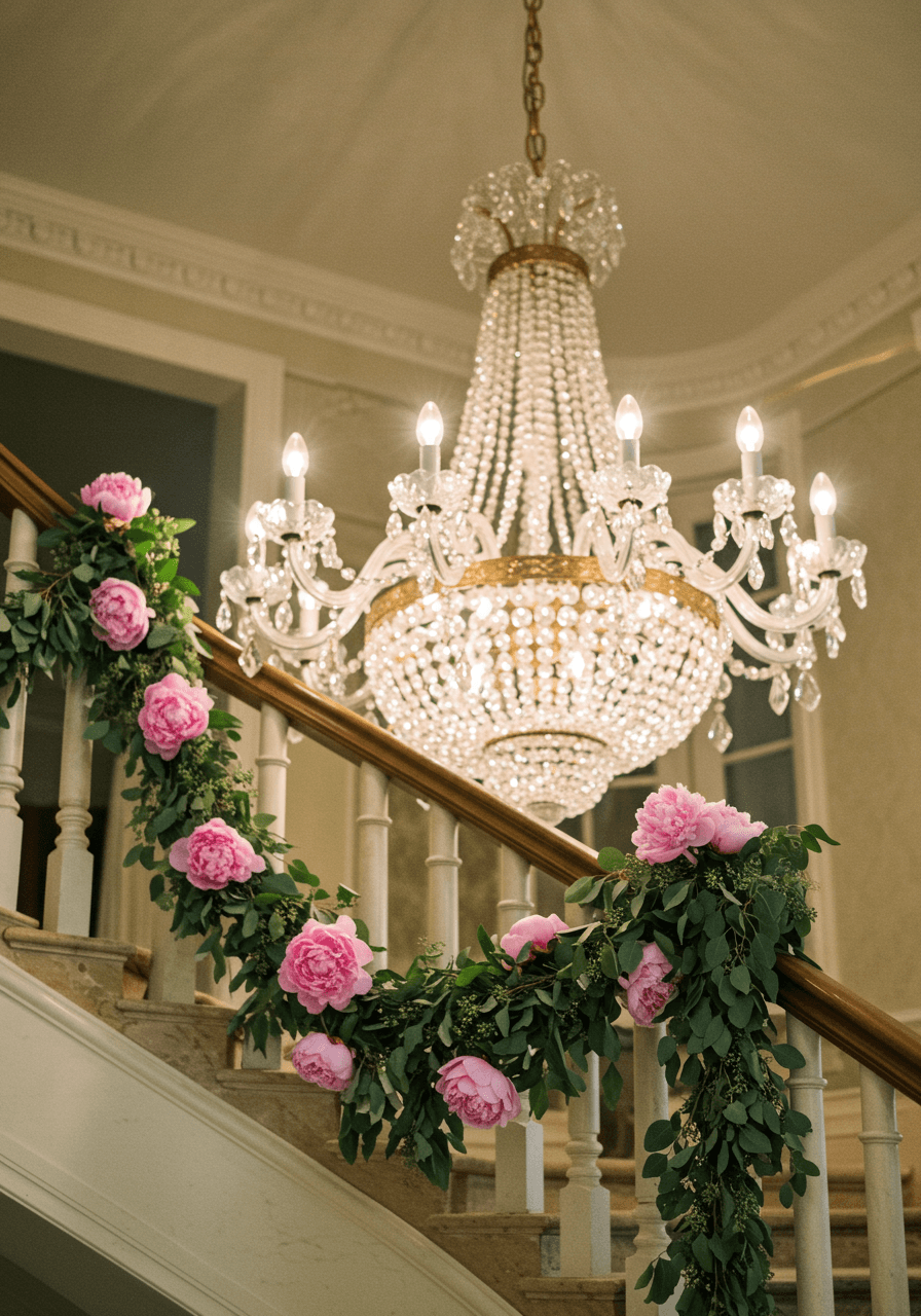 Ornate crystal chandelier suspended above curved staircase decorated with lush pink peonies and eucalyptus in mansion foyer