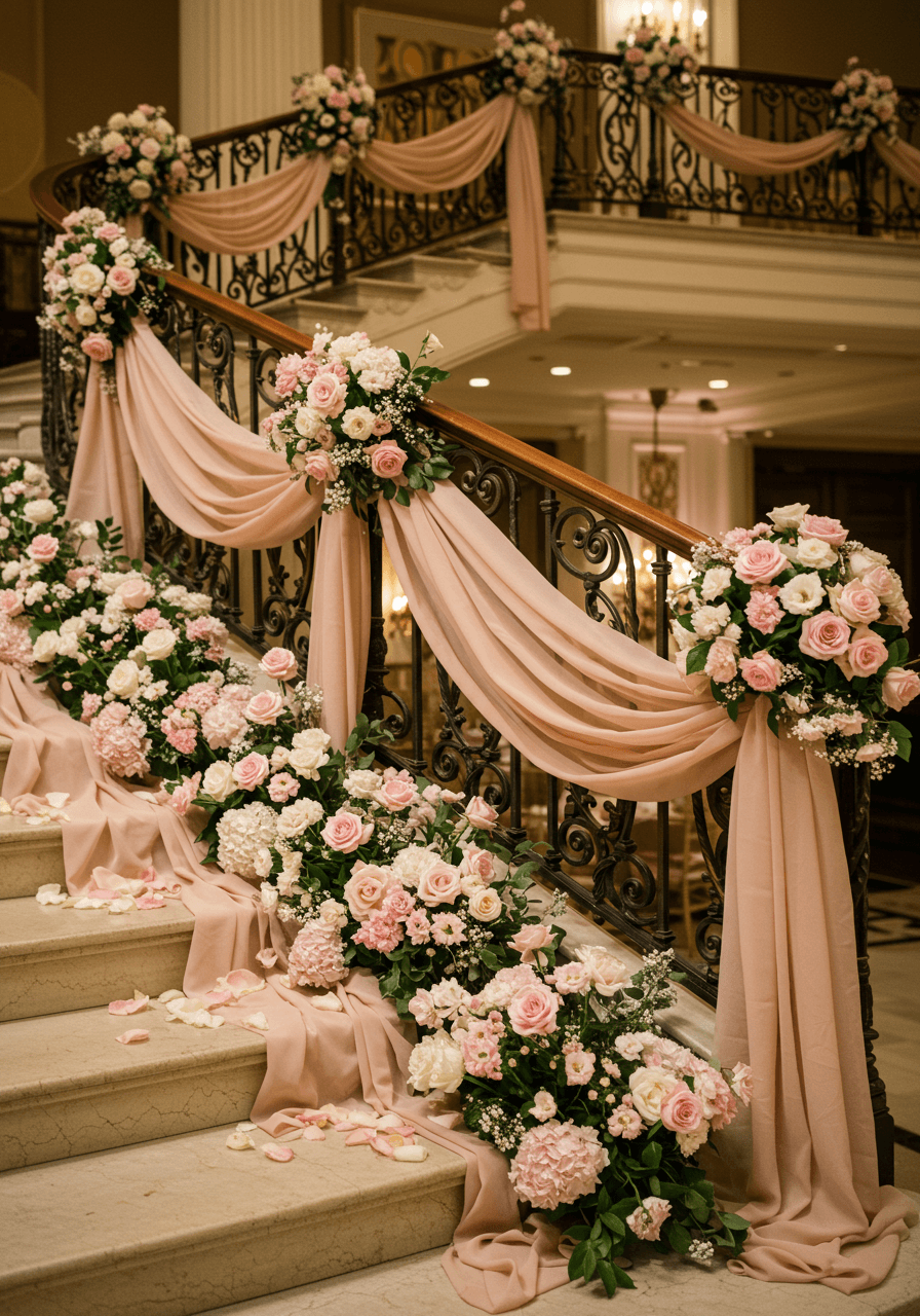 Close-up of ornate wrought iron railings draped with champagne silk ribbons and cream rose arrangements
