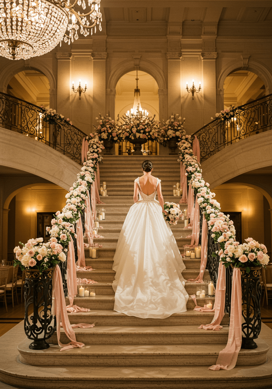 Bride in flowing wedding gown descending marble staircase with silk ribbons and pink rose arrangements