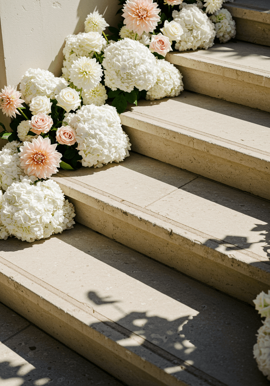 Overhead view of enormous white hydrangeas and dahlias creating striking shadow patterns on cream stone steps