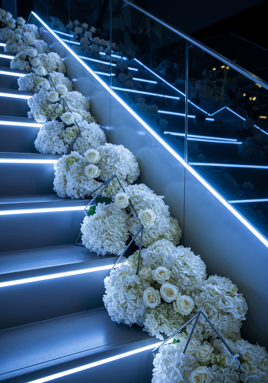 White hydrangeas and roses arranged in geometric clusters along floating staircase with integrated LED lighting