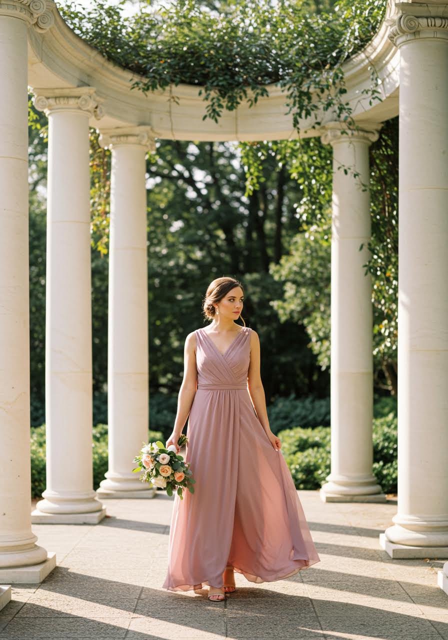 Dusty rose chiffon wrap-style bridesmaid dress with pleated waist detail beside white garden pavilion columns