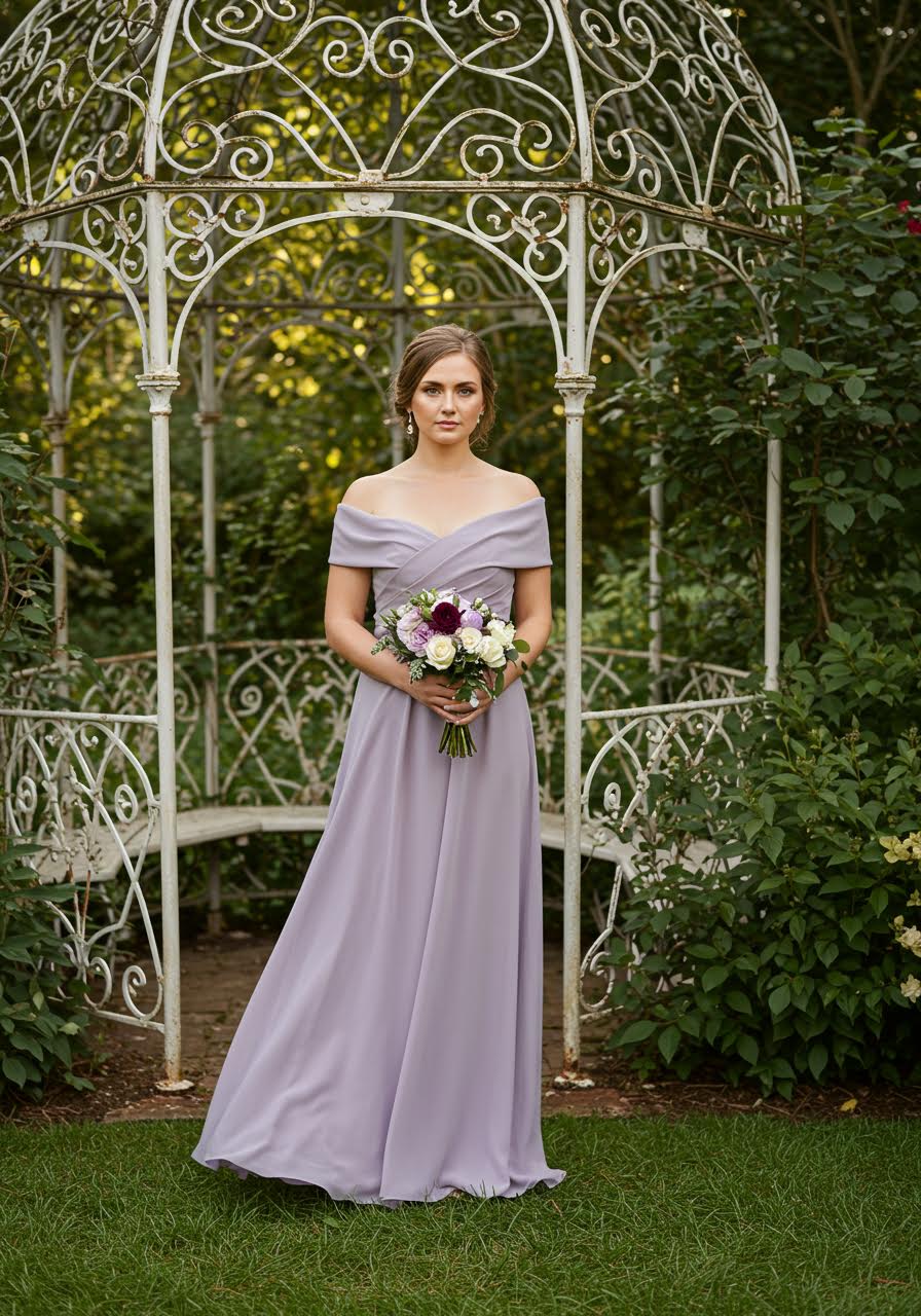 Dusty lavender off-the-shoulder bridesmaid dress beside ornate white wrought iron gazebo during golden hour