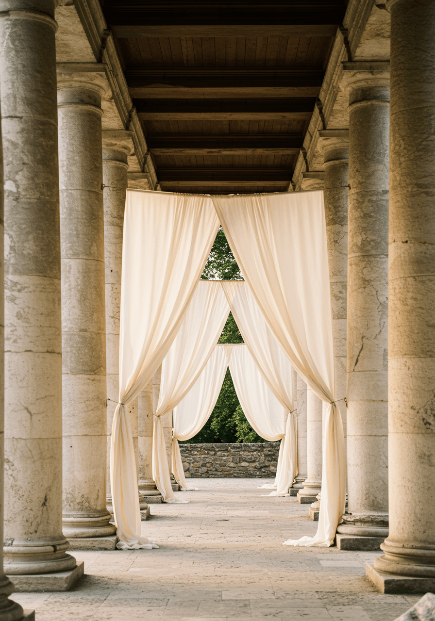 Yards of cream and blush silk fabric draped between ancient stone pillars creating elegant ceremony backdrop in classical ruins