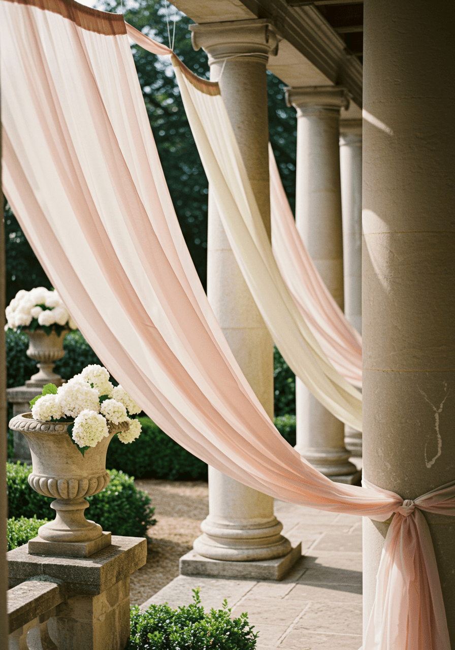Close detail of silk fabric draping technique between weathered stone pillars in historic courtyard