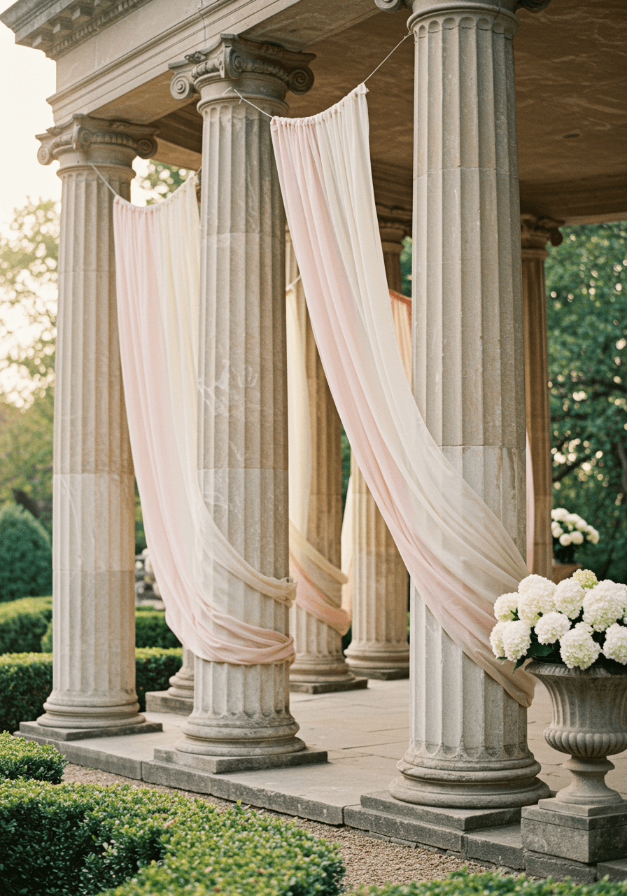 Classic stone colonnade with blush pink and ivory silk fabric draped between limestone columns creating elegant ceremony backdrop