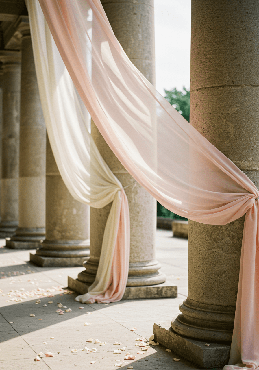Intimate view of cream and blush pink chiffon panels flowing between weathered limestone columns with scattered rose petals