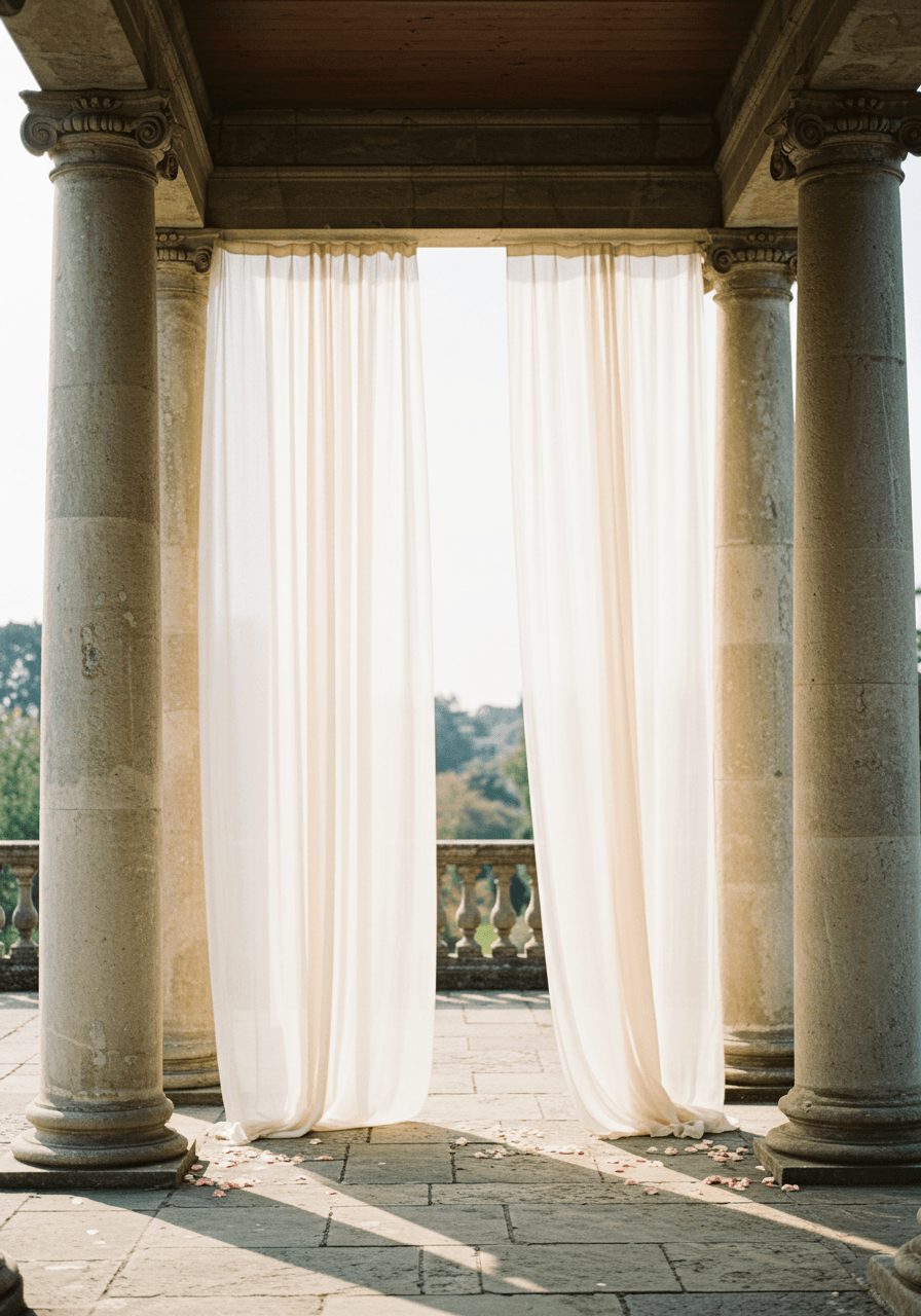 Cascading chiffon fabric draping gracefully between imposing stone pillars in classical outdoor ceremony space