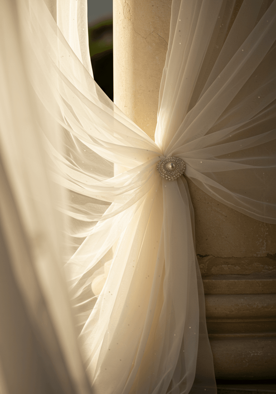 Close-up detail of translucent white chiffon and organza fabric artistically wrapped around marble pillar base
