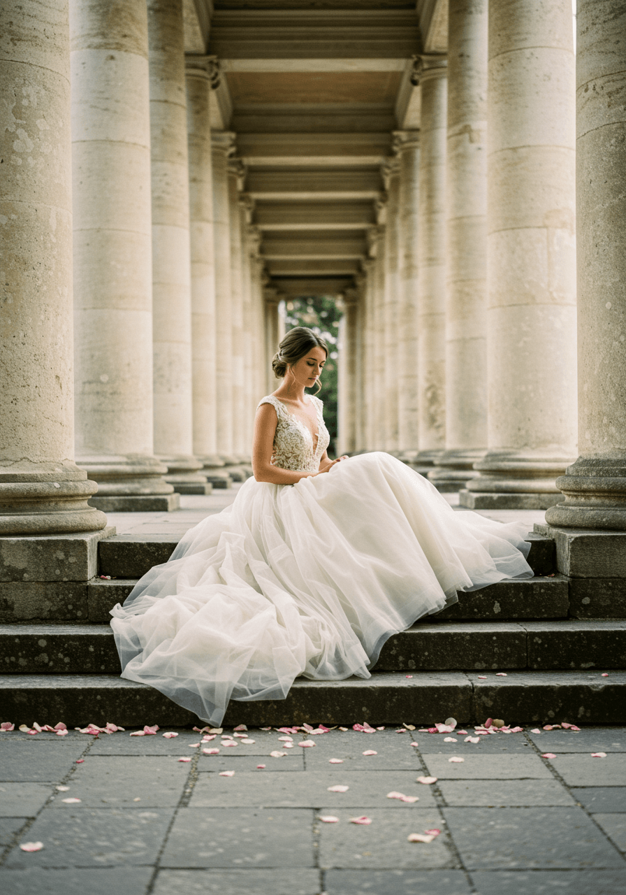 Bride in flowing ivory tulle gown standing gracefully between weathered stone colonnades with scattered rose petals